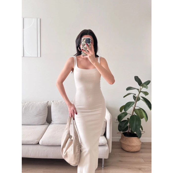 Ön Arka Kare Elbise - BEJ