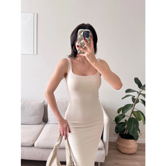 Ön Arka Kare Elbise - BEJ