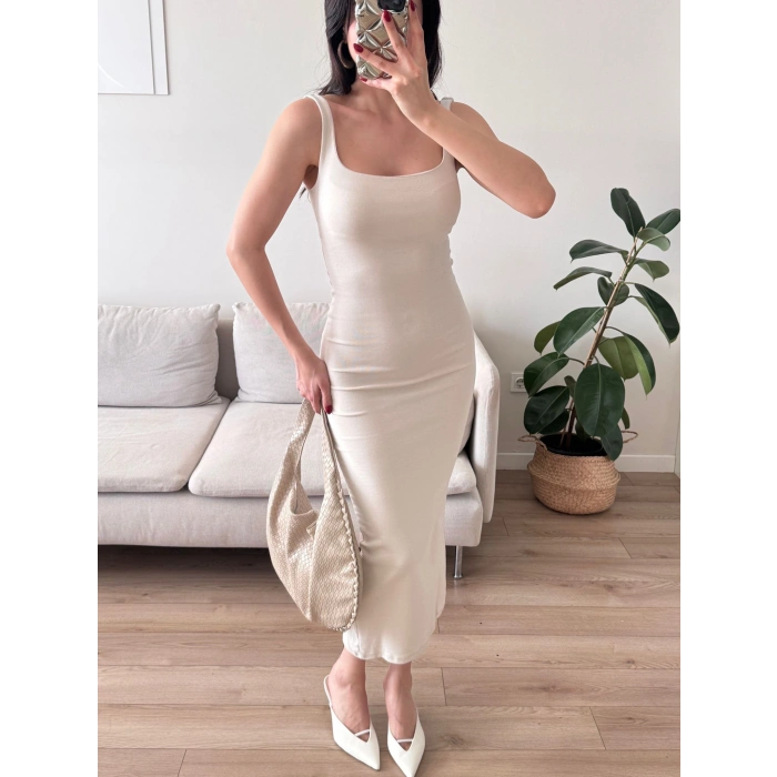 Ön Arka Kare Elbise - BEJ