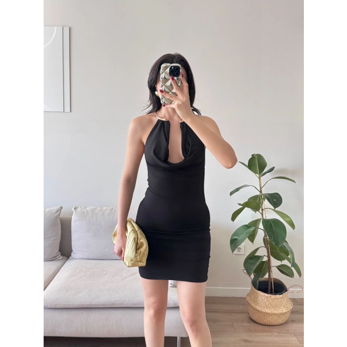 Boyun Aksesuar Degaje Mini Elbise - SİYAH