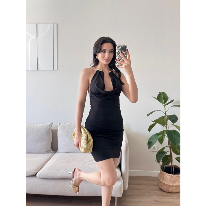 Boyun Aksesuar Degaje Mini Elbise - SİYAH