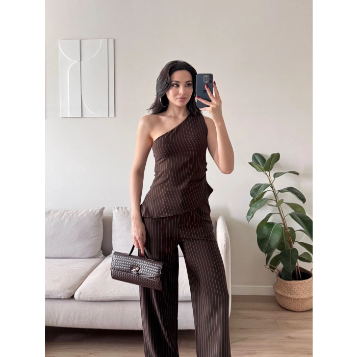 Tek Omuz Çizgili Takım - KAHVE