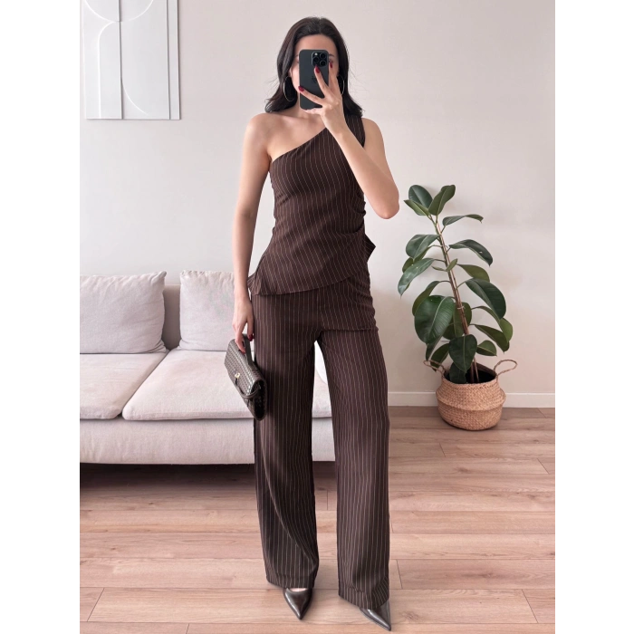 Tek Omuz Çizgili Takım - KAHVE