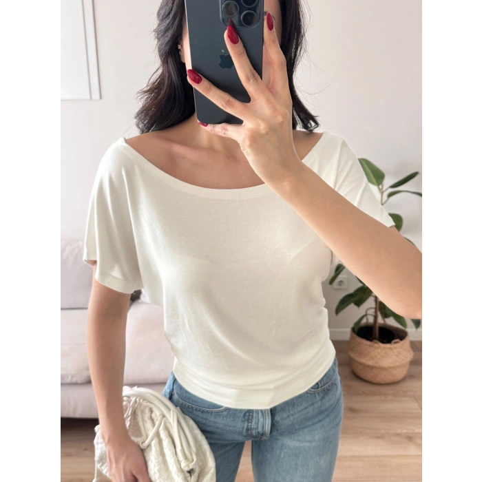 Kayık Yaka Bel Lastik Crop - BEYAZ