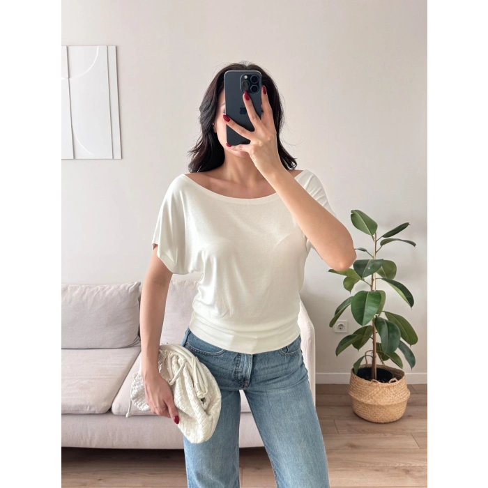 Kayık Yaka Bel Lastik Crop - BEYAZ