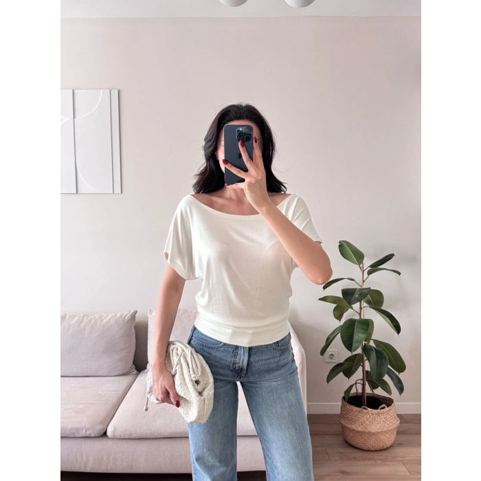 Kayık Yaka Bel Lastik Crop - BEYAZ