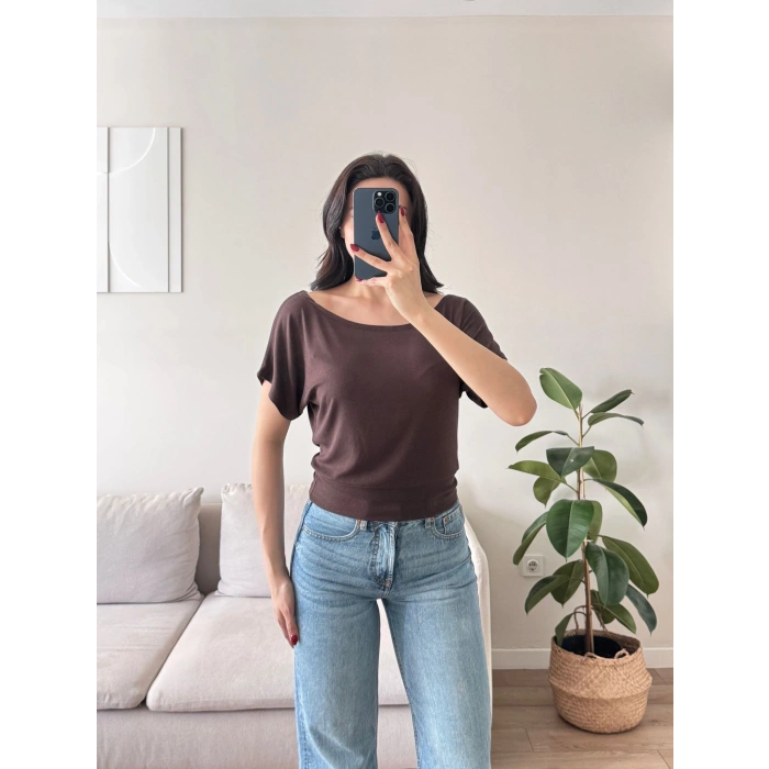 Kayık Yaka Bel Lastik Crop - KAHVE