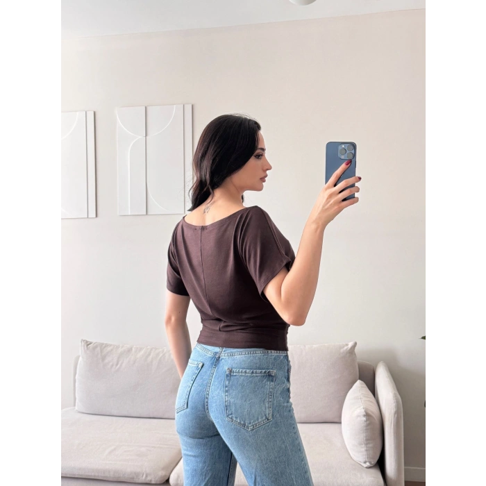 Kayık Yaka Bel Lastik Crop - KAHVE