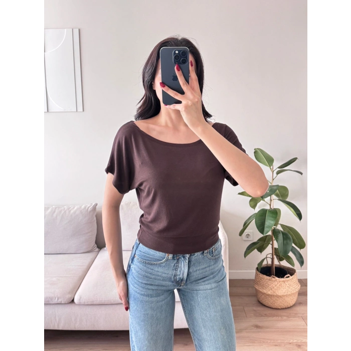 Kayık Yaka Bel Lastik Crop - KAHVE