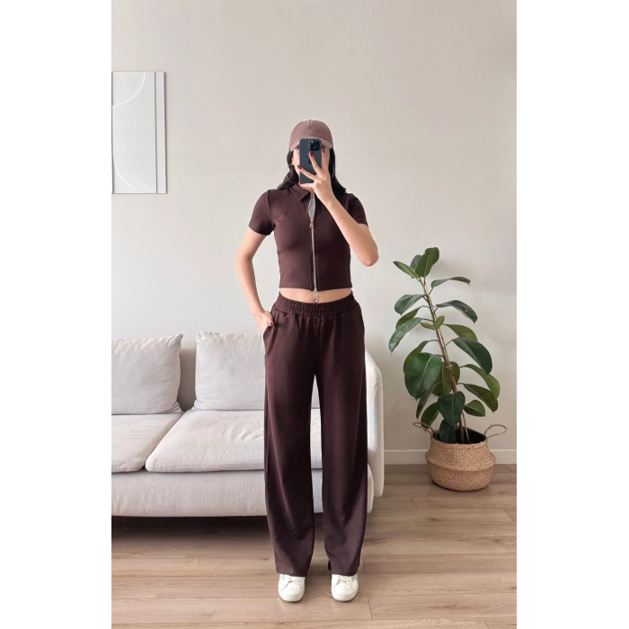 Fermuarlı Polo Modal Takım - KAHVE