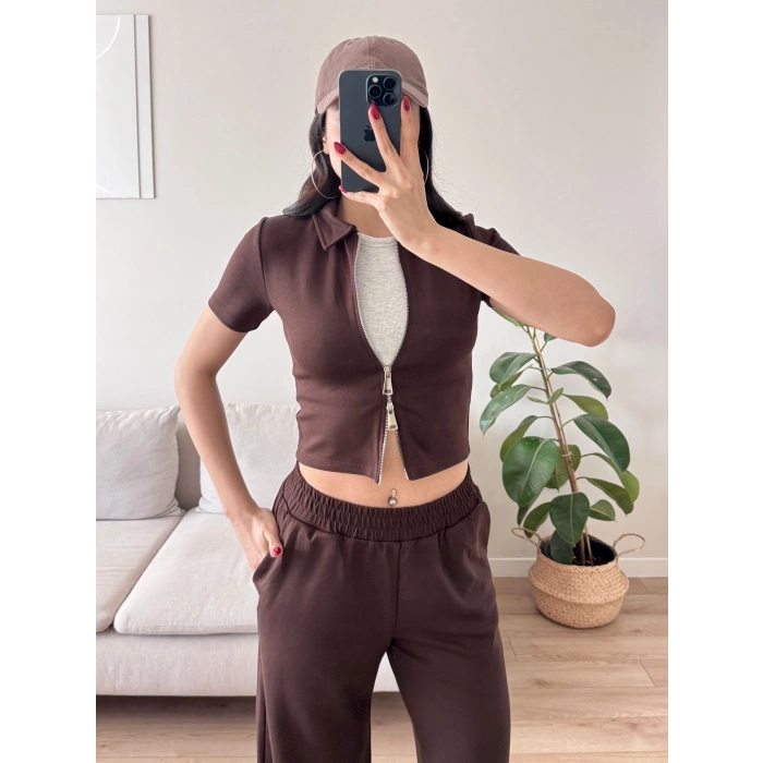 Fermuarlı Polo Modal Takım - KAHVE