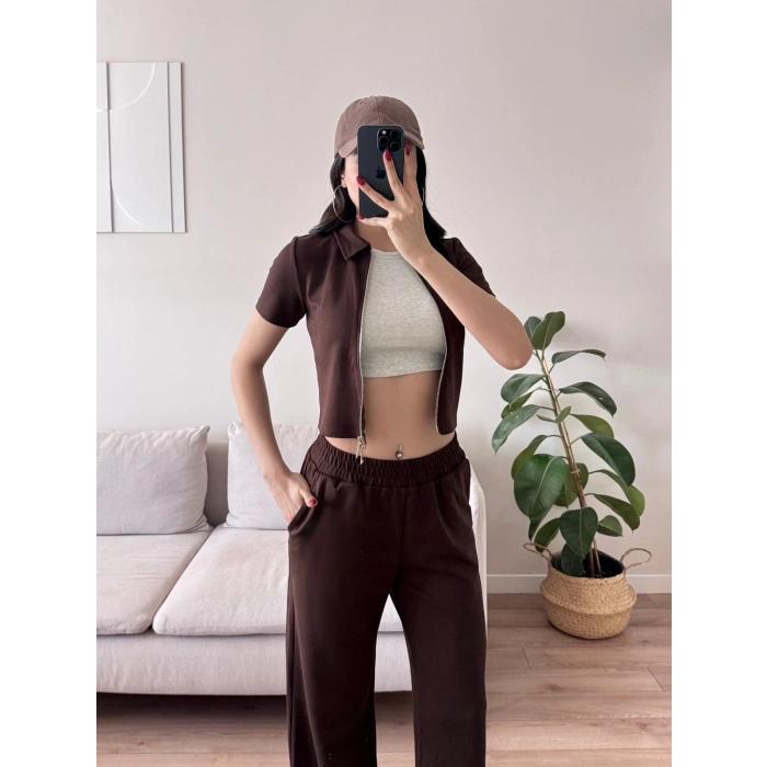 Fermuarlı Polo Modal Takım - KAHVE