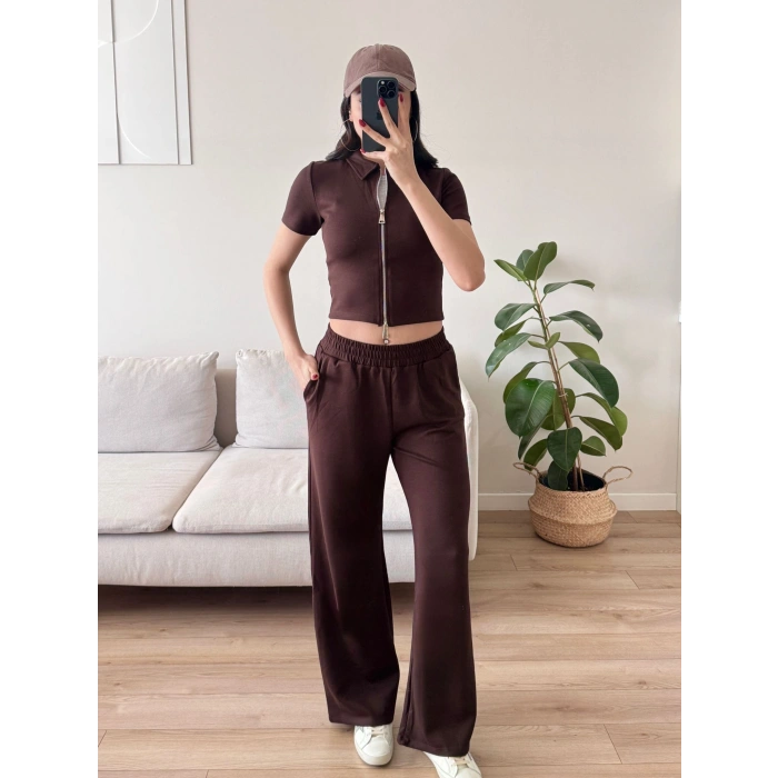 Fermuarlı Polo Modal Takım - KAHVE