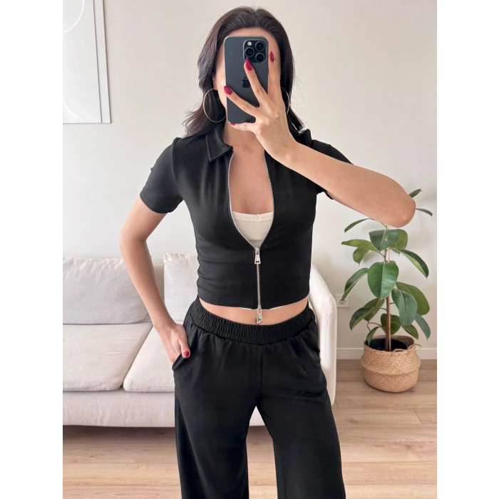 Fermuarlı Polo Modal Takım - SİYAH