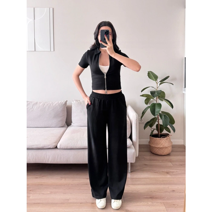 Fermuarlı Polo Modal Takım - SİYAH