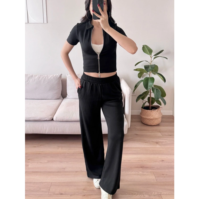 Fermuarlı Polo Modal Takım - SİYAH