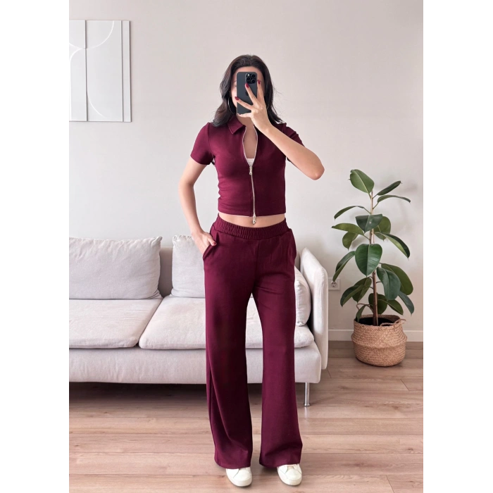Fermuarlı Polo Modal Takım - BORDO