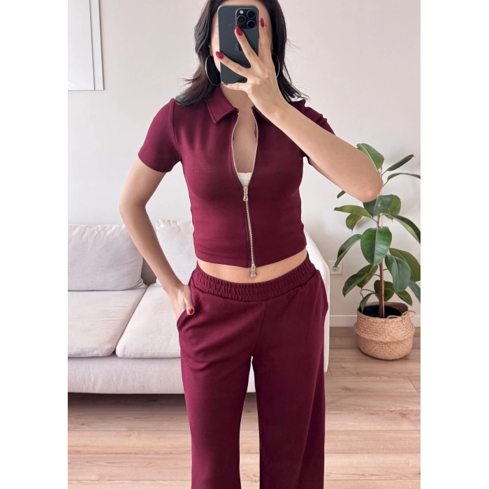 Fermuarlı Polo Modal Takım - BORDO