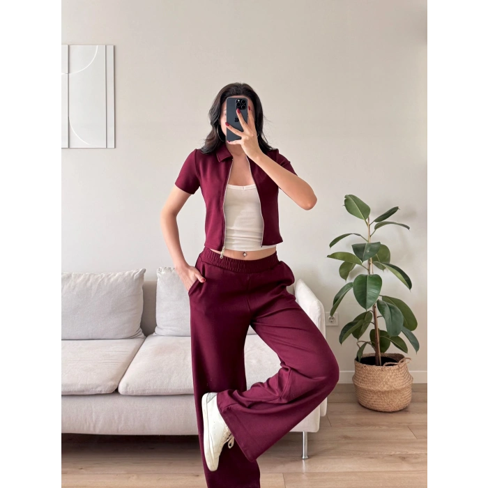Fermuarlı Polo Modal Takım - BORDO
