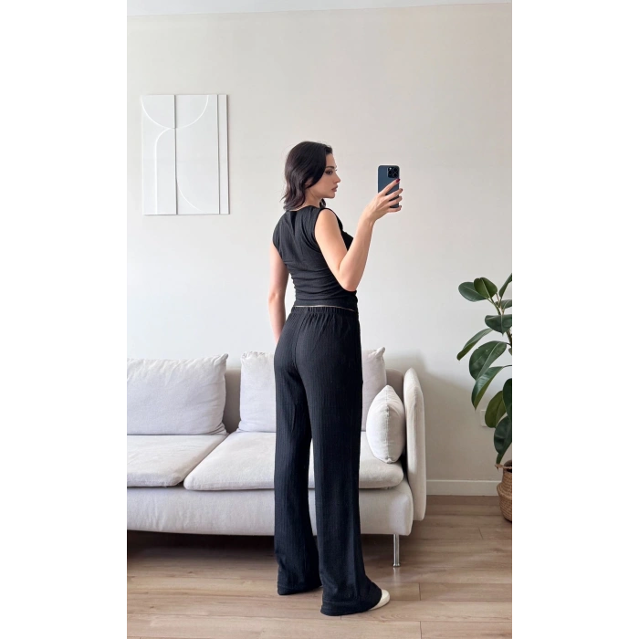 Gofre Yan Büzgü İkili Takım - SİYAH