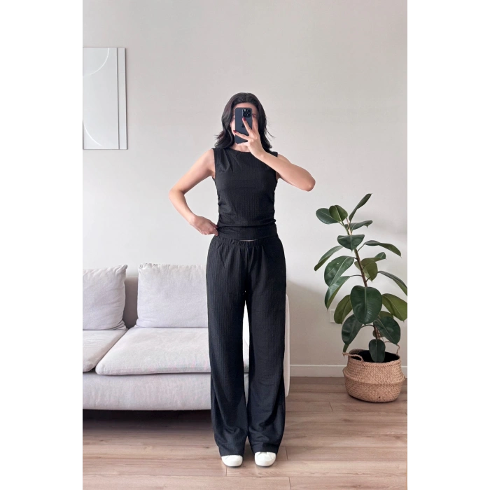 Gofre Yan Büzgü İkili Takım - SİYAH