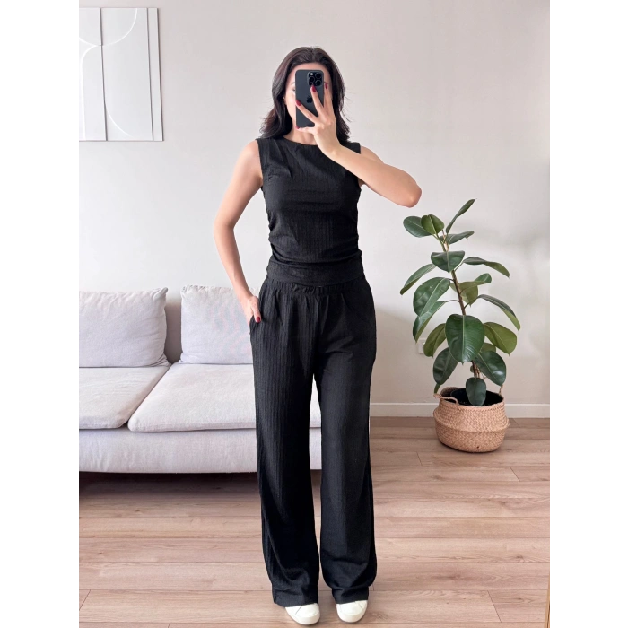 Gofre Yan Büzgü İkili Takım - SİYAH