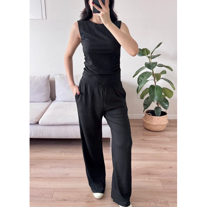 Gofre Yan Büzgü İkili Takım - SİYAH