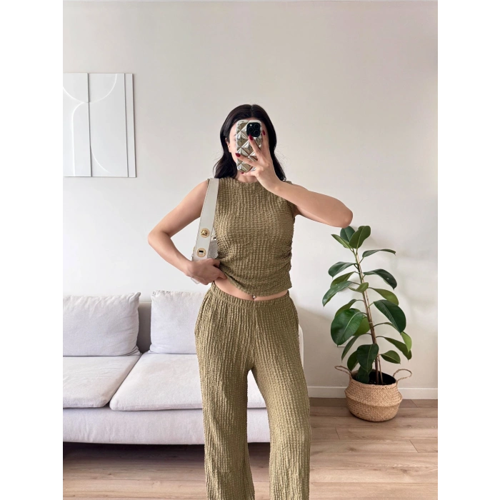 Gofre Yan Büzgü İkili Takım - YEŞİL