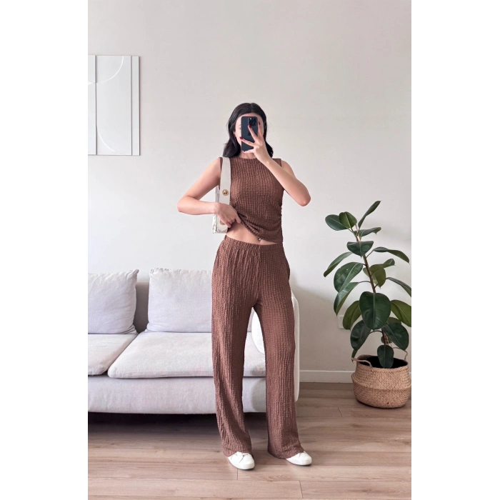 Gofre Yan Büzgü İkili Takım - KAHVE