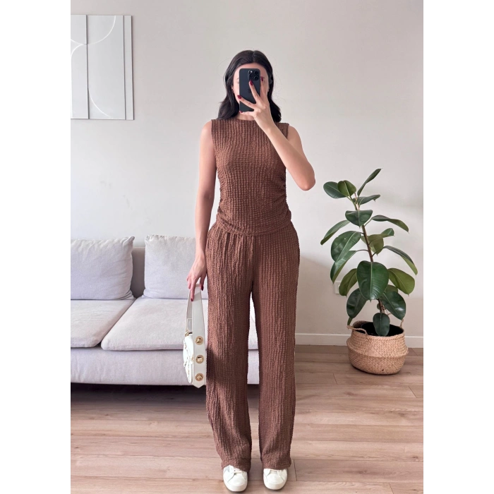 Gofre Yan Büzgü İkili Takım - KAHVE