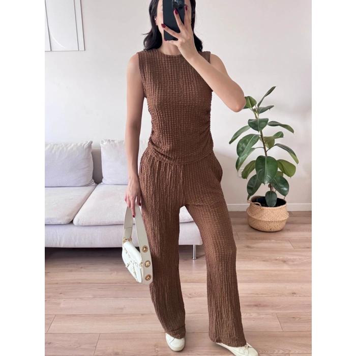 Gofre Yan Büzgü İkili Takım - KAHVE