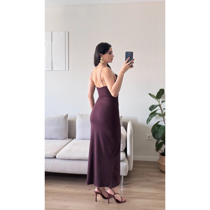 Askılı V Yaka Premium Elbise - KAHVE