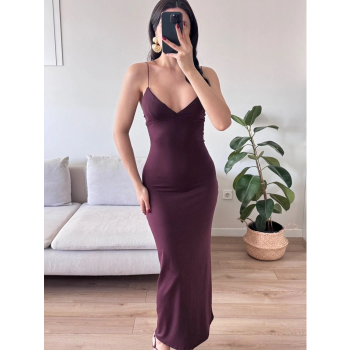 Askılı V Yaka Premium Elbise - KAHVE