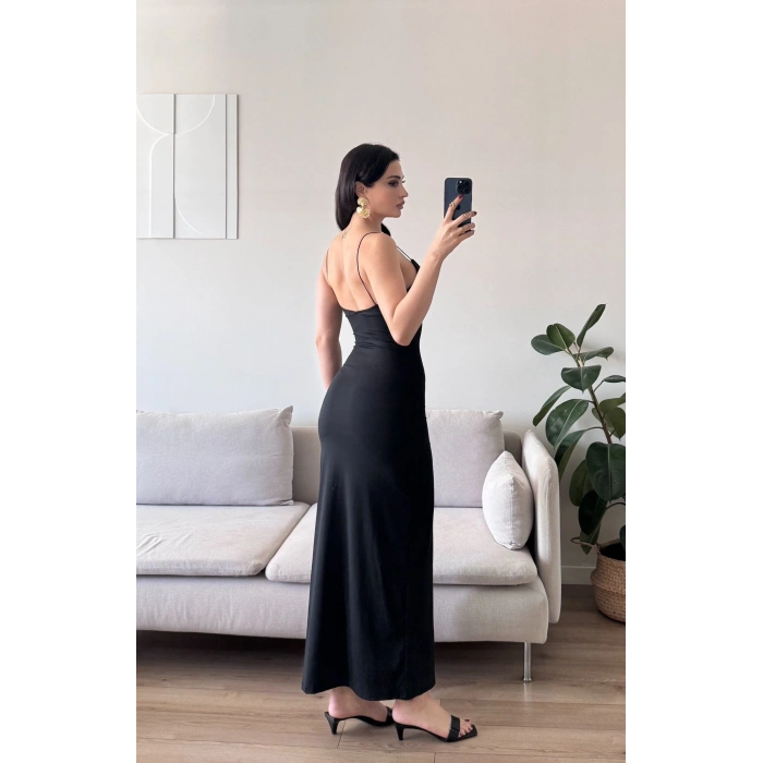 Askılı V Yaka Premium Elbise - SİYAH