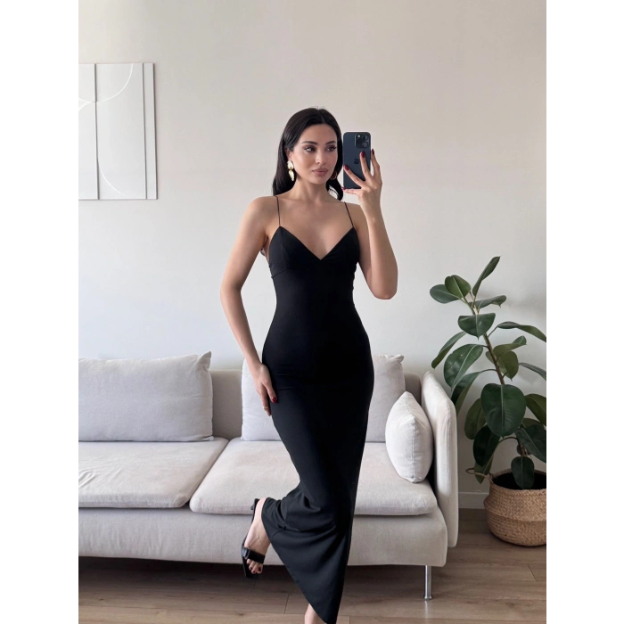 Askılı V Yaka Premium Elbise - SİYAH