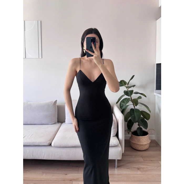 Askılı V Yaka Premium Elbise - SİYAH