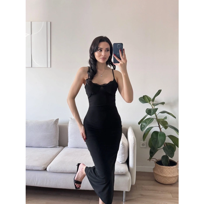 Askılı Dantel Detay Long Elbise