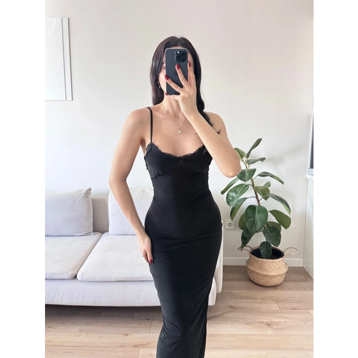 Askılı Dantel Detay Long Elbise