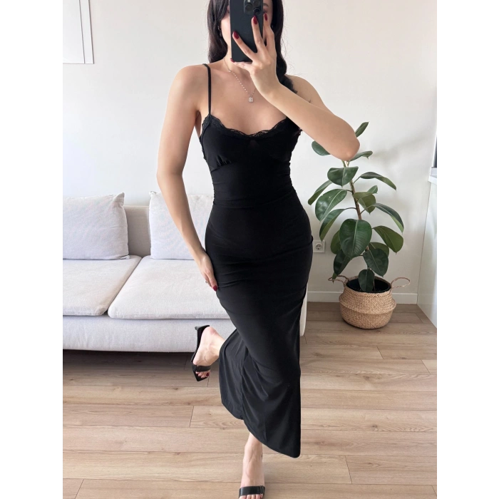 Askılı Dantel Detay Long Elbise