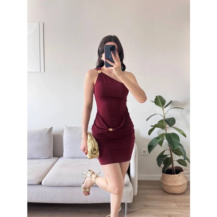 Aksesuarlı Tek Omuz Elbise -BORDO