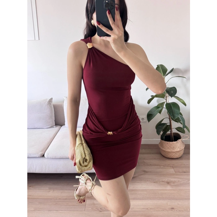 Aksesuarlı Tek Omuz Elbise -BORDO