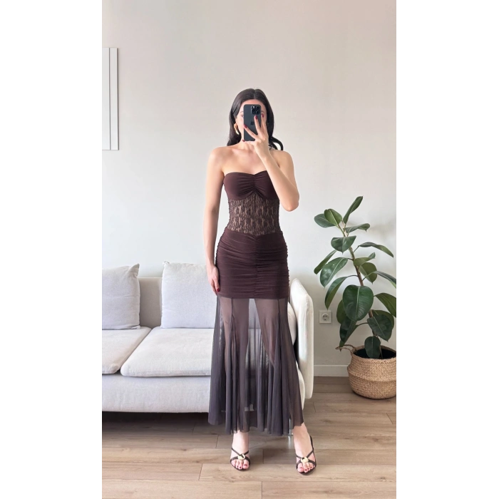 Dantel Detay Straplez Elbise - KAHVE