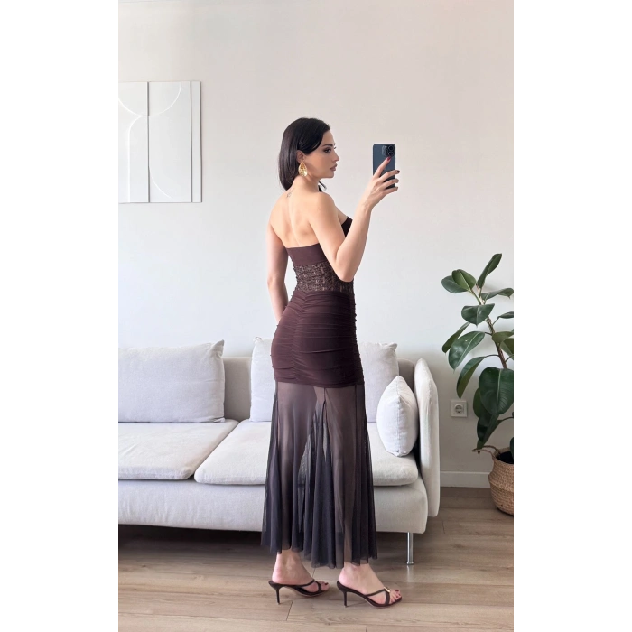 Dantel Detay Straplez Elbise - KAHVE