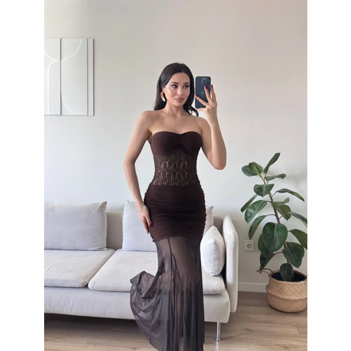 Dantel Detay Straplez Elbise - KAHVE