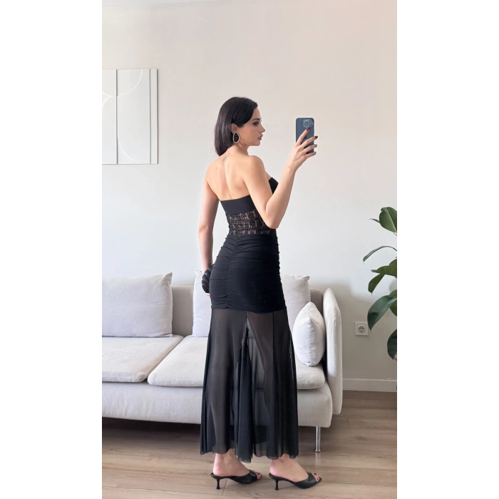 Dantel Detay Straplez Elbise - SİYAH