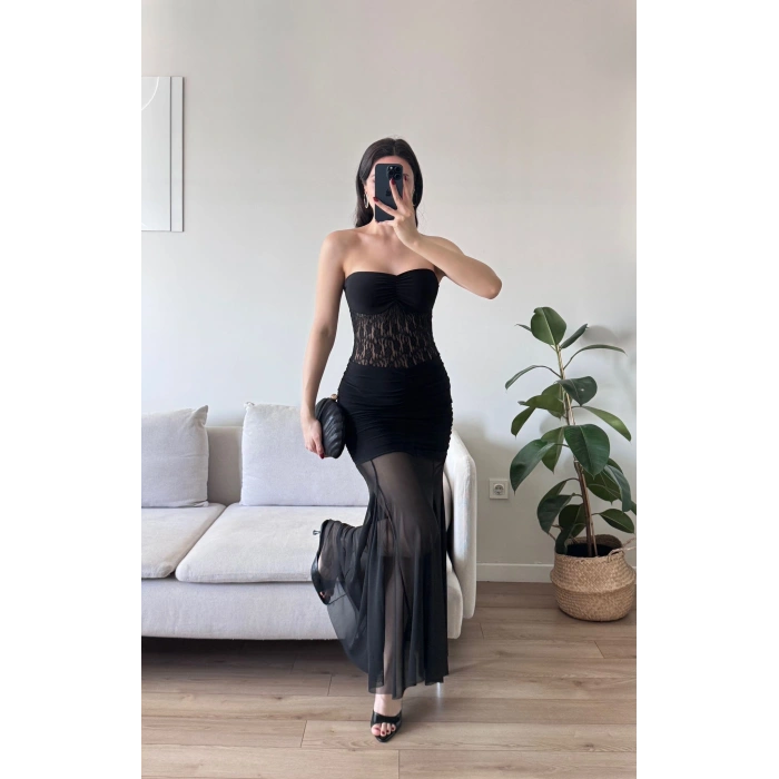 Dantel Detay Straplez Elbise - SİYAH