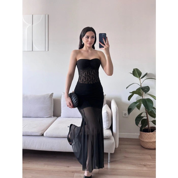 Dantel Detay Straplez Elbise - SİYAH