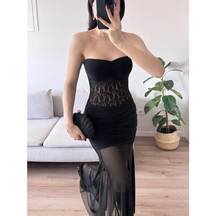 Dantel Detay Straplez Elbise - SİYAH