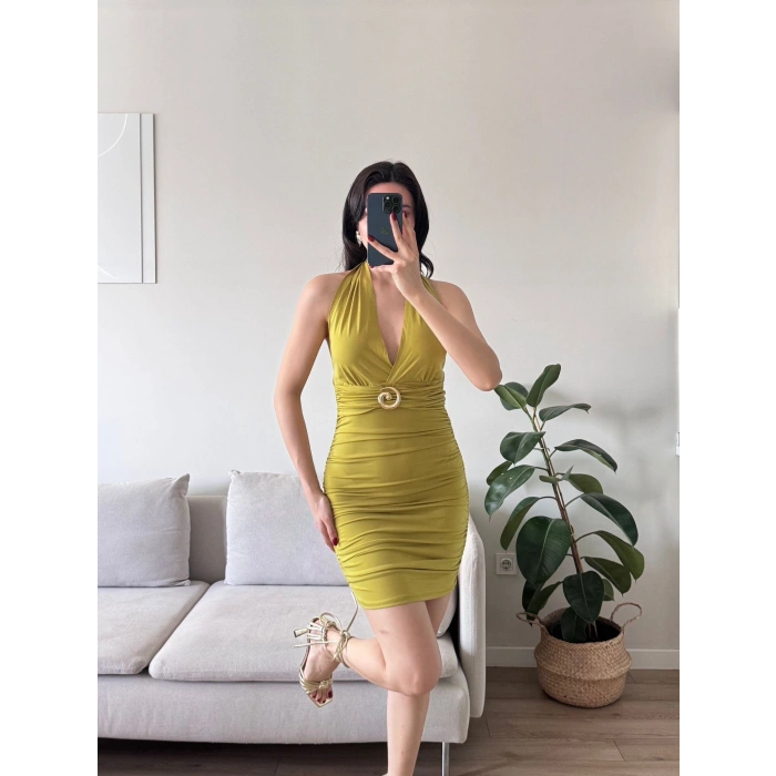 Boyun Bağlamalı Tokalı Elbise - YAĞ YEŞİLİ