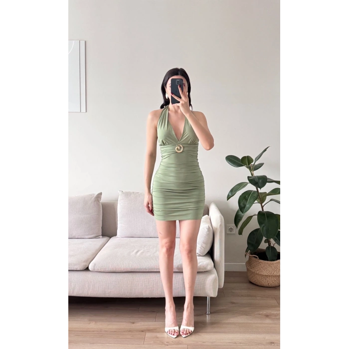 Boyun Bağlamalı Tokalı Elbise - YEŞİL